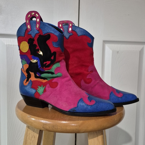 80s Vintage Zalo Colorful Suede Cowboy Boots Womens size 6.5 Made in Spain - Picture 2 of 16